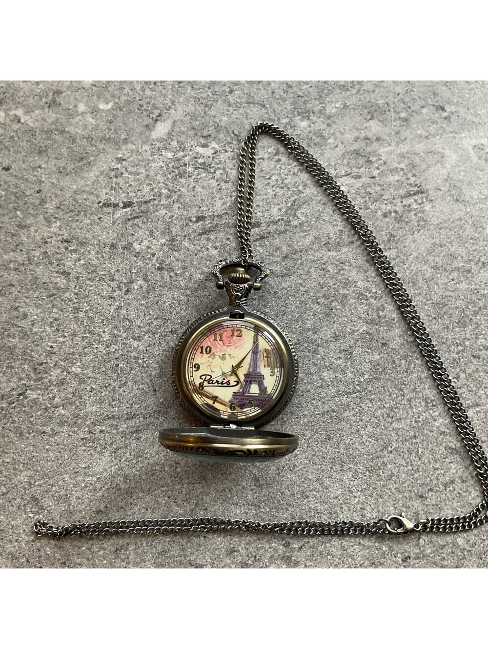 Vintage Style 46mm Pocket Watch “Eiffel Tower” Paris Dial With Chain Bin T